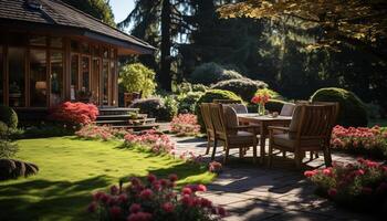 confortable séance sur une moderne chaise dans une formel jardin généré par ai photo