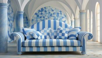 confortable bleu canapé dans une moderne, élégant vivant pièce généré par ai photo