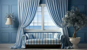 moderne bleu vivant pièce avec élégant décoration et confortable canapé généré par ai photo