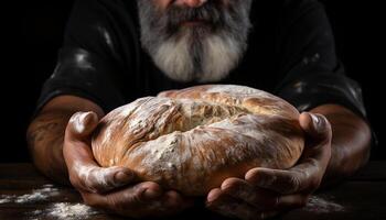 une mature homme pétrissage biologique pâte sur une en bois table généré par ai photo