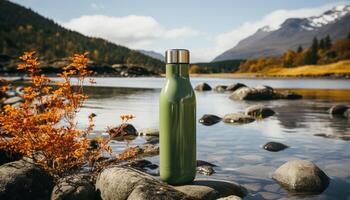 rafraîchissant boisson dans la nature eau, montagne, forêt, l'automne, bouteille généré par ai photo