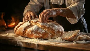 une boulanger main pétrissage Frais pâte sur une en bois table généré par ai photo