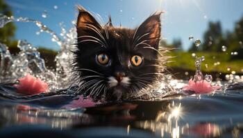 mignonne chaton en jouant dans eau, regarder à poisson réflexion généré par ai photo