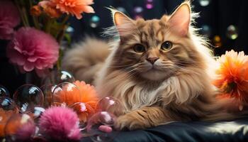 mignonne chaton séance, à la recherche à caméra, entouré par fleurs généré par ai photo