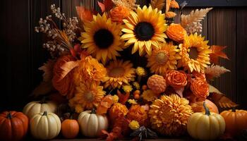 l'automne fête citrouille, feuille, et tournesol décoration sur bois généré par ai photo