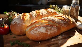 fraîchement cuit pain ciabatta et baguette sur en bois tableau, prêt à manger gourmet repas généré par ai photo