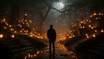 silhouette de un la personne marche, illuminé par lanterne flamme généré par ai photo