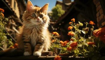 mignonne chaton séance, à la recherche à caméra, entouré par Jaune fleurs généré par ai photo
