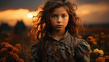 Jeune femme souriant, à la recherche à caméra, entouré par l'automne feuilles généré par ai photo