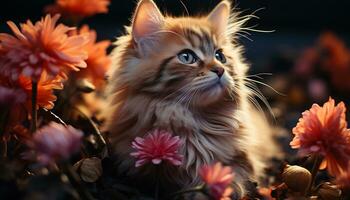 mignonne chaton séance en plein air, à la recherche à caméra dans la nature généré par ai photo