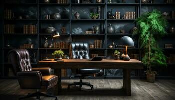 moderne Bureau conception avec bois meubles, étagère à livres, et plante décor généré par ai photo