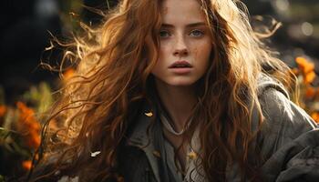 Jeune femme avec longue marron cheveux souriant dans l'automne forêt généré par ai photo