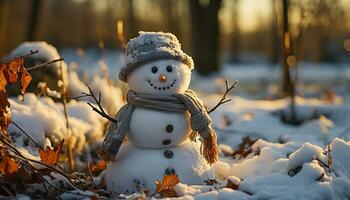 souriant bonhomme de neige dans hiver forêt, la nature de bonne humeur décoration généré par ai photo