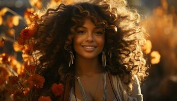 Jeune femme avec frisé cheveux souriant en plein air, profiter la nature généré par ai photo