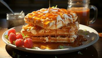 fraîchement cuit gaufre avec sucré crème et fraise sirop généré par ai photo