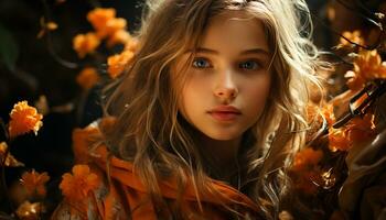 un Jeune femme souriant, à la recherche à caméra, entouré par l'automne feuilles généré par ai photo