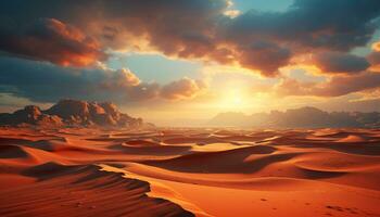 le sable dune paysage, le coucher du soleil ciel, lumière du soleil sur aride terrain généré par ai photo