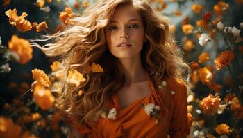 une magnifique Jeune femme avec longue blond cheveux dans l'automne généré par ai photo