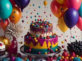 anniversaire fête avec coloré des ballons, une gâteau, et une étincelant recouvert de confettis Contexte ai produire photo