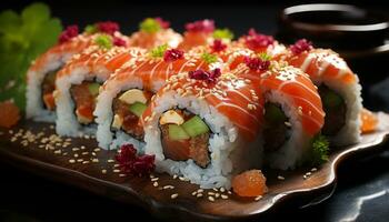 fraîcheur et des cultures roulé en haut dans une assiette de maki Sushi généré par ai photo