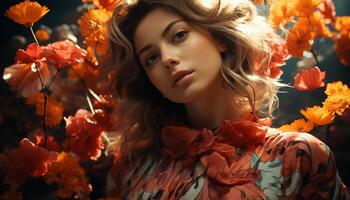 une magnifique Jeune femme avec blond cheveux sourit dans le l'automne forêt généré par ai photo