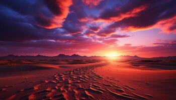 le coucher du soleil plus de le le sable dunes, la nature beauté dans tranquille scène généré par ai photo