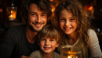 souriant enfant, famille bonheur, père joyeux, Hommes adulte unité généré par ai photo