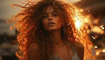 Jeune femme avec longue marron cheveux, permanent en plein air, souriant à le coucher du soleil généré par ai photo