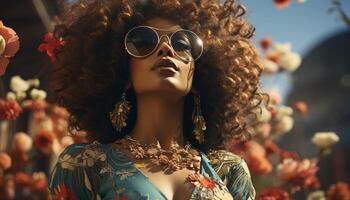 Jeune femme avec frisé cheveux et des lunettes de soleil, à la recherche à caméra généré par ai photo