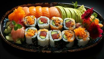Frais Fruit de mer sur plaque, Sushi Rouleaux, en bonne santé Japonais le déjeuner généré par ai photo