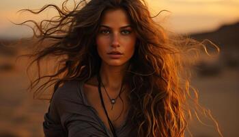 Jeune femme avec longue marron cheveux, permanent en plein air, à la recherche à caméra généré par ai photo