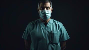 une homme dans une chirurgical costume et masque permanent dans une hôpital couloir. génératif ai photo