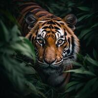 détaillé proche en haut portrait de tigre animal dans jungle des buissons, génératif ai photo