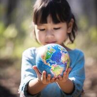 une Jeune fille en portant une globe dans sa mains. ai génératif photo