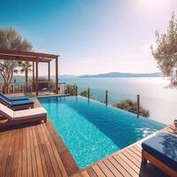luxe bassin avec Soleil chaises longues et en bois terrasse. ai génératif photo
