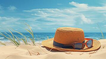 une chapeau et des lunettes de soleil sur le sable. ai génératif photo