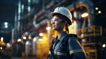 une femme dans une difficile chapeau et sécurité des lunettes permanent dans de face de une usine. génératif ai photo