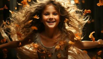 souriant fille jouit l'automne, lancement feuilles, insouciant et content généré par ai photo
