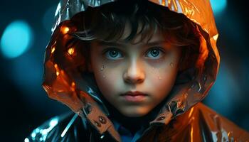 un humide enfant à la recherche à caméra, goutte de pluie en plein air, mignonne portrait généré par ai photo