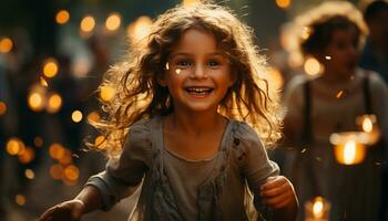 souriant enfant, de bonne humeur filles, mignonne enfance, en plein air fête, espiègle portrait généré par ai photo