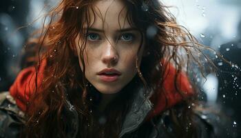 une magnifique Jeune femme avec longue marron cheveux dans le pluie généré par ai photo