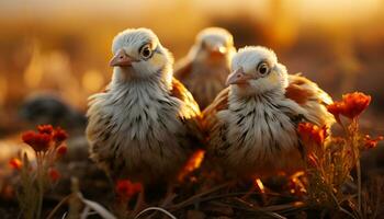 Jeune poulets errer librement dans une ensoleillé, rural ferme Prairie généré par ai photo