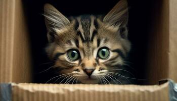 mignonne chaton cache, jeter un coup d'œil, en regardant, espiègle, à la recherche à caméra généré par ai photo