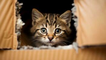 mignonne chaton cache dans boîte, furtivement avec curieuse yeux généré par ai photo