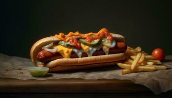 grillé bœuf, Viande, frites, ketchup, mauvais pour la santé déjeuner, chaud chien généré par ai photo