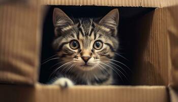 mignonne chaton cache dans une boîte, regarder avec curiosité généré par ai photo