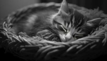 mignonne chaton en train de dormir dans une panier, entouré par la nature généré par ai photo