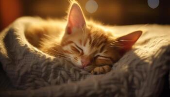 mignonne chaton dormant, rayé fourrure, douceur, duveteux, relaxation à l'intérieur généré par ai photo