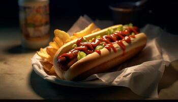 grillé chaud chien, frites, et ketchup américain vite nourriture généré par ai photo