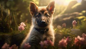 mignonne chiot séance dans herbe, à la recherche à caméra en plein air généré par ai photo